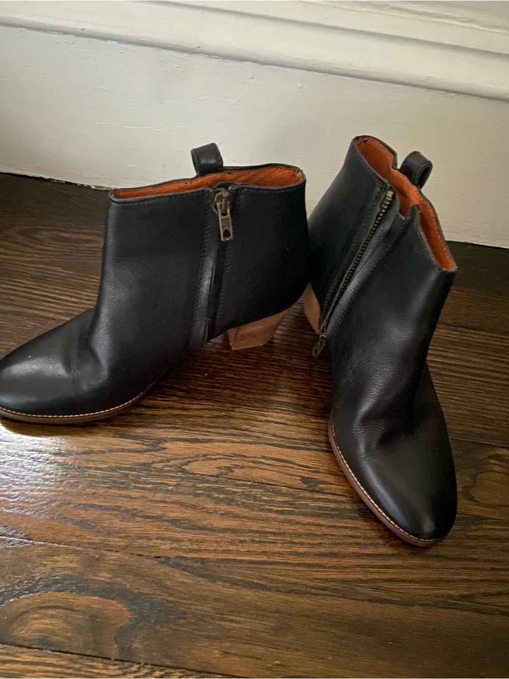 Madewell Black Leather Ankle Booties with Brown Stacked Heel